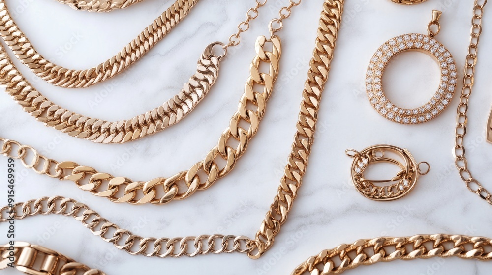 A collection of gold bracelets and necklaces on a white marble background, highlighting their elegance and purity. Great for jewelry advertisements. A collection of gold bracelets and necklaces on a white marble background, highlighting their elegance and purity. Great for jewelry advertisements.