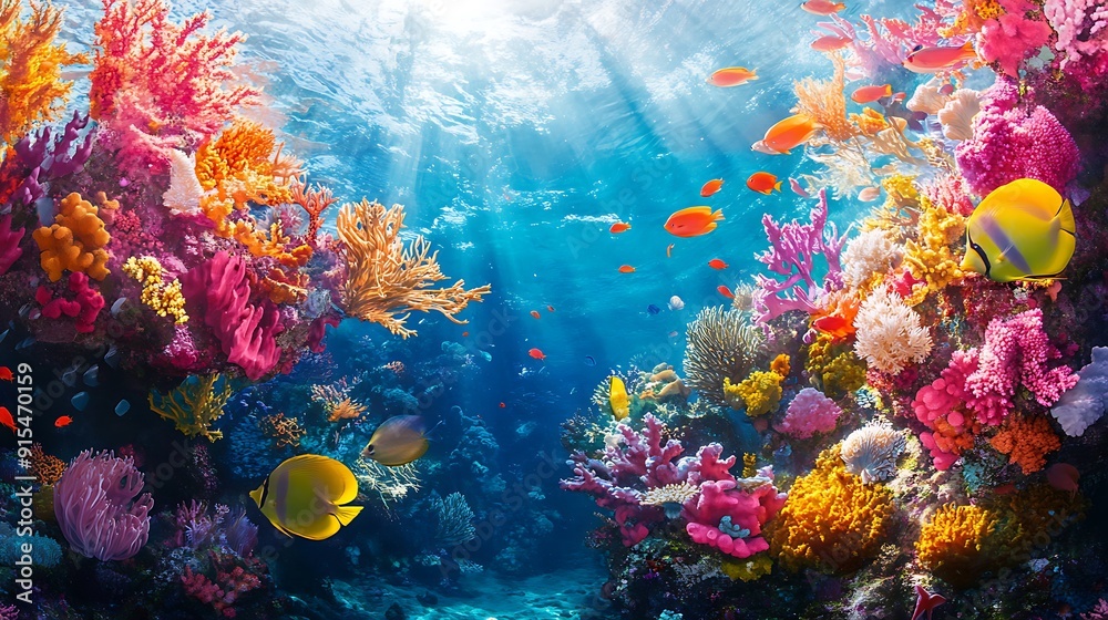 Naklejka premium Sunlit Underwater Scene with Vibrant Coral Reef and Fish