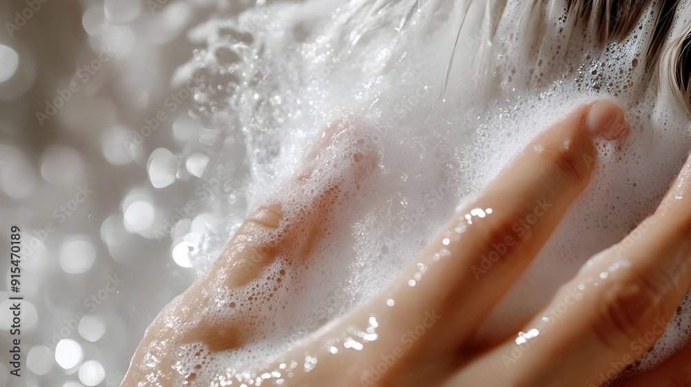 Obraz premium Detailed View of Fingers Scrubbing Shampoo into Hair during Daily Haircare Ritual
