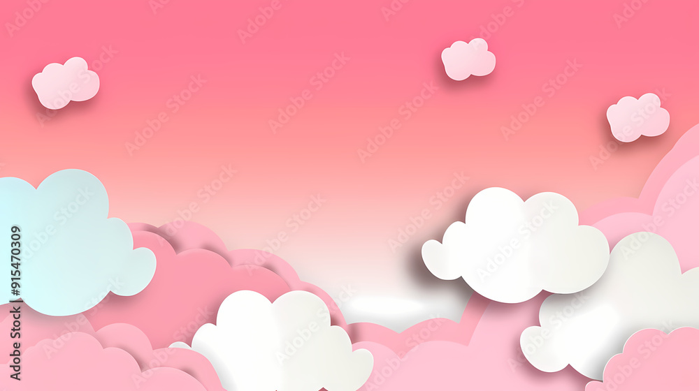 Horizontal banner with pink sky and paper cut clouds Horizontal banner with pink sky and paper cut clouds
