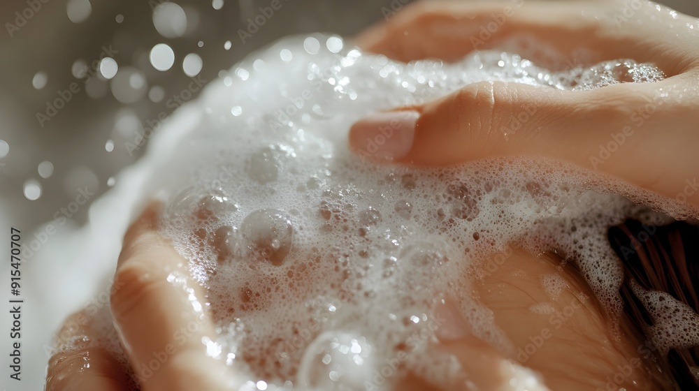Fototapeta premium Close-up of Shampoo Massage on Hair with Detailed Bubble Focus for Beauty Care