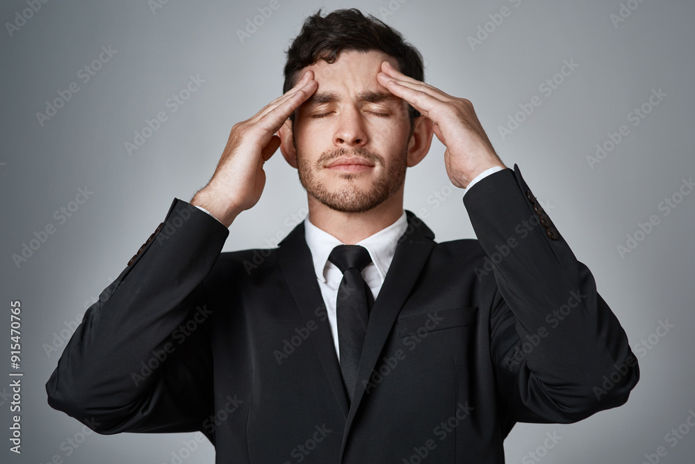 Stress, regret and businessman in studio for mistake with crash in financial market with investment loss. Economy, crisis and male broker with bankruptcy for finance fail by gray background. Stress, regret and businessman in studio for mistake with crash in financial market with investment loss. Economy, crisis and male broker with bankruptcy for finance fail by gray background.