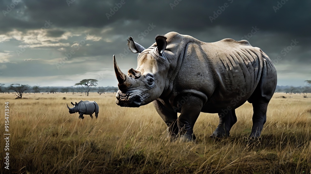 A white rhinoceros standing in a grassy field with a muddy puddle in front of it. A white rhinoceros standing in a grassy field with a muddy puddle in front of it.