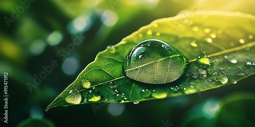 Green Leaf with Water Droplet - Macro Photography