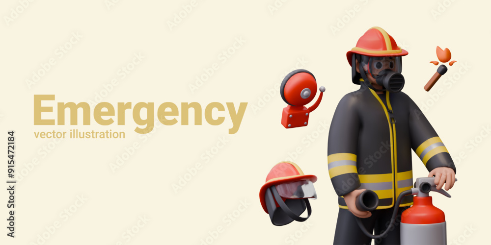 Obraz premium Concept of professional first aid in case of fire. Fireman in protective uniform and respirator