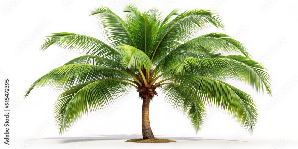 A lone coconut palm tree with lush green fronds and a slender brown trunk stands upright on a crisp white isolated background. A lone coconut palm tree with lush green fronds and a slender brown trunk stands upright on a crisp white isolated background.