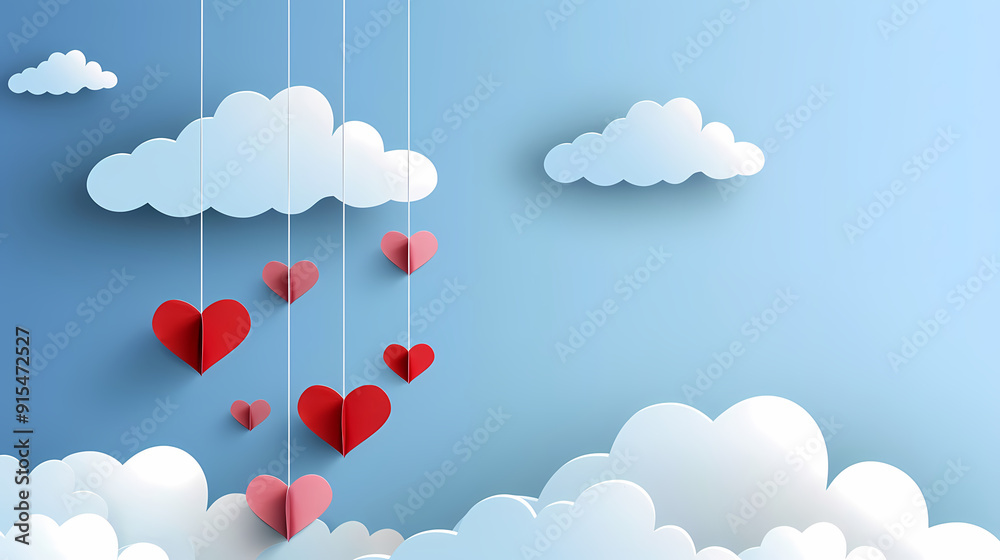 Valentines day background. Happy valentines day greeting. Paper cut clouds with hanging hearts. Vector illustration. Valentines day background. Happy valentines day greeting. Paper cut clouds with hanging hearts. Vector illustration.