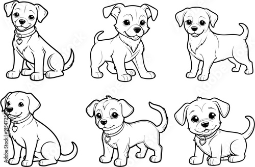 Drawing simple lines cute dog collection in the forest coloring book pages. cartoons for preschool children. Generative AI