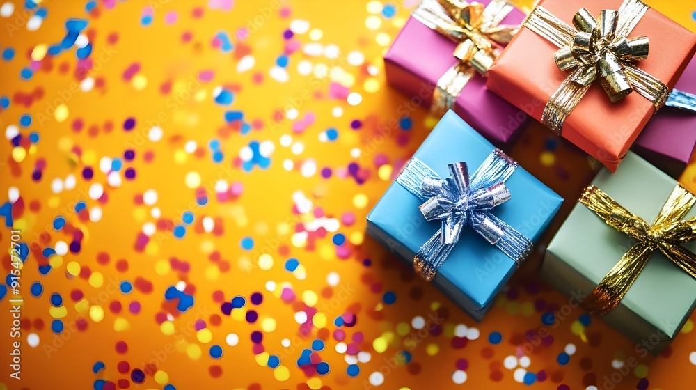 Vibrant Wrapped Birthday Gifts with Festive Ribbons for Joyful Vibrant Wrapped Birthday Gifts with Festive Ribbons for Joyful