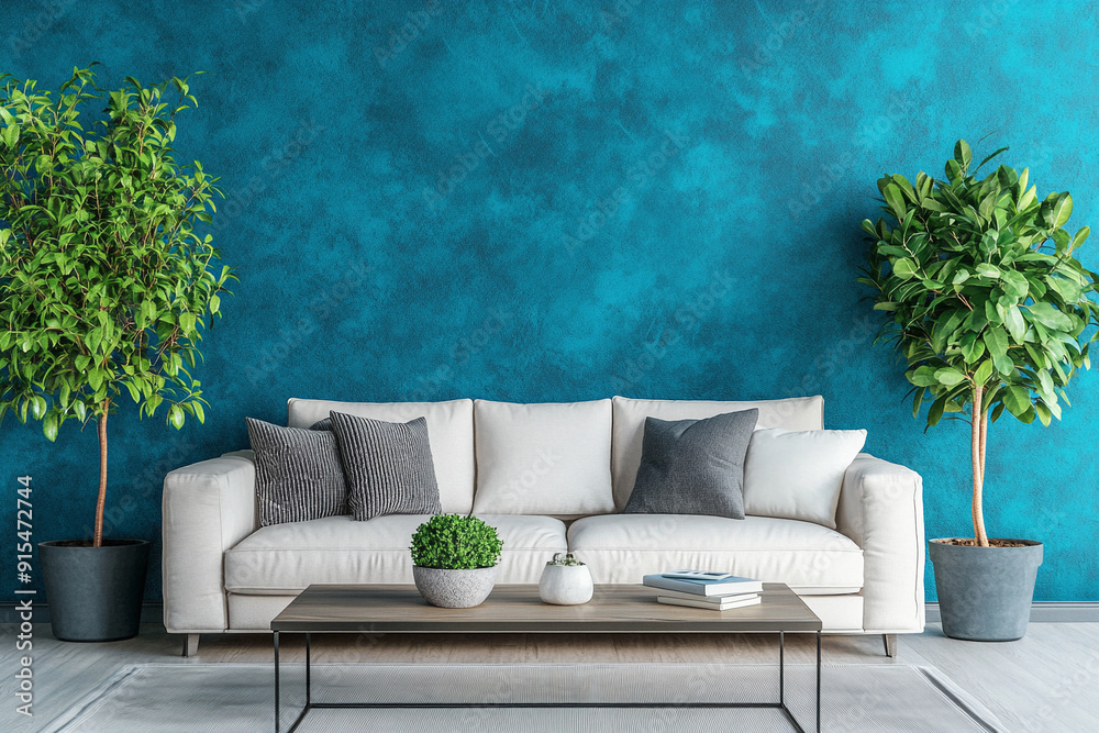 Modern cozy living room and blue wall texture background Modern cozy living room and blue wall texture background