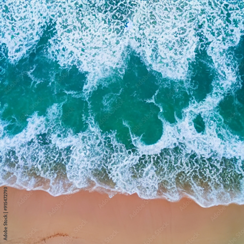 Naklejka premium Aerial view beautiful of sea waves from drone. Stock image of blue color of ocean water, sea surface. Top view on turquoise waves, clear water surface texture.