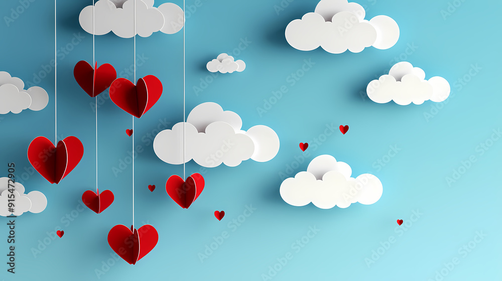 Valentines day background. Happy valentines day greeting. Paper cut clouds with hanging hearts. Vector illustration. Valentines day background. Happy valentines day greeting. Paper cut clouds with hanging hearts. Vector illustration.