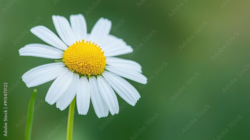 Obraz premium Close-up of a single chamomile flower with its delicate white petals and yellow center, set against a soft, green background.