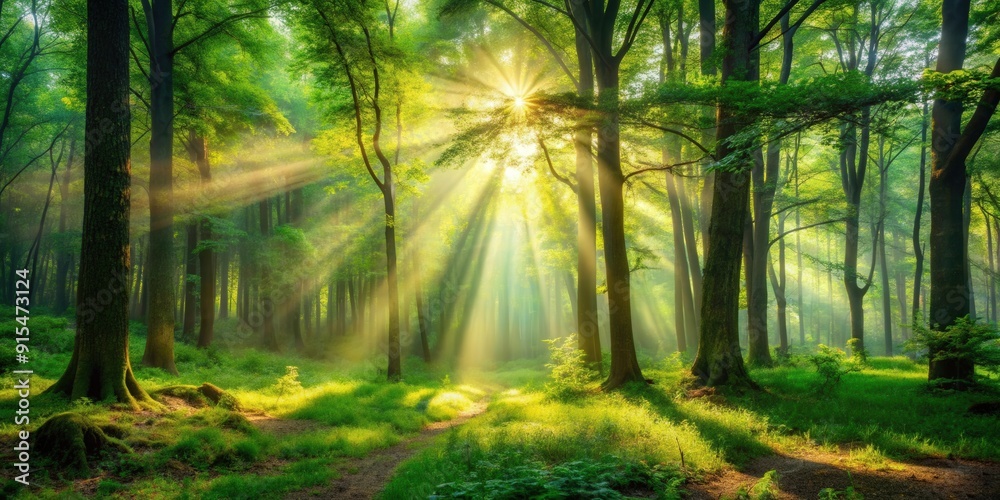 Obraz premium Lush forest with sunlight filtering through the trees, creating a magical and vibrant scene, nature, forest, sunbeam, trees