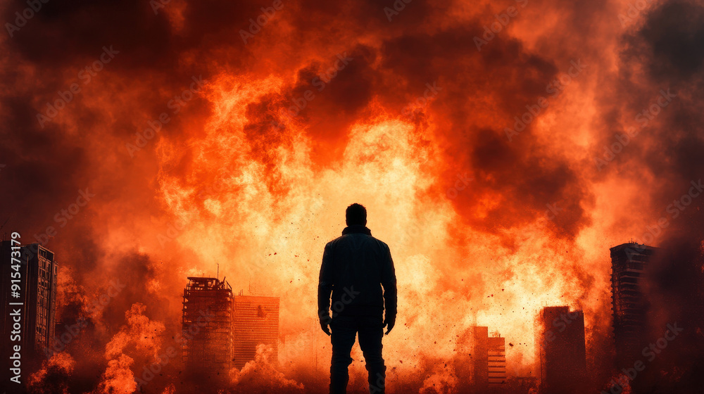 Hero’s silhouette against the backdrop of a doomed, burning city Hero’s silhouette against the backdrop of a doomed, burning city
