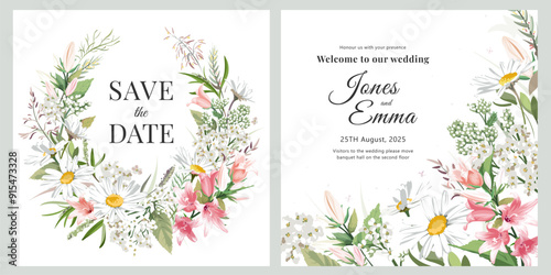 Wedding invitation cards. Frame with text, flowers and grass isolated on the white background. Colorful hand drawn bouquet with wildflowers.
