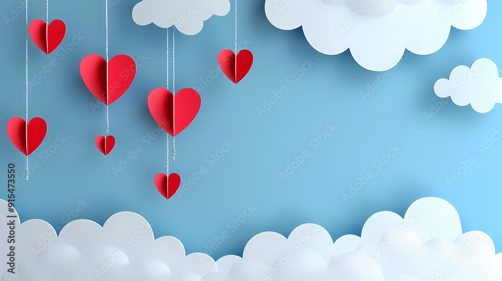 Valentines day background. Happy valentines day greeting. Paper cut clouds with hanging hearts. Vector illustration. Valentines day background. Happy valentines day greeting. Paper cut clouds with hanging hearts. Vector illustration.