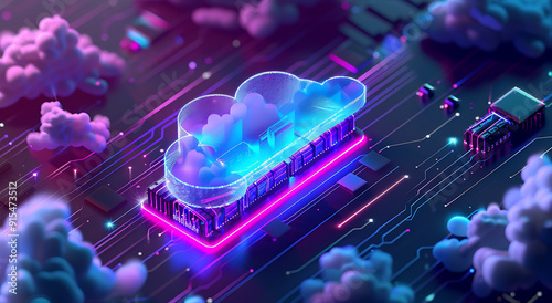 Neon light cloud computing futuristic technology and cloud storage illustration embodies network technologies cyberspace, showcasing a futuristic server in isometric perspective, dark background.