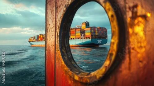 A container ship viewed through the porthole of another vessel, offering a unique perspective on maritime transport.