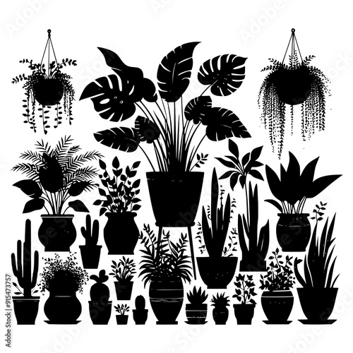 A black and white vector illustration featuring an assortment of potted houseplants and cacti in silhouette form. Perfect for botanical themes, indoor garden designs, and minimalist decor projects.