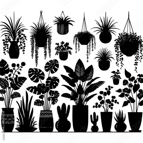 A black and white vector illustration featuring an assortment of potted houseplants and cacti in silhouette form. Perfect for botanical themes, indoor garden designs, and minimalist decor projects.