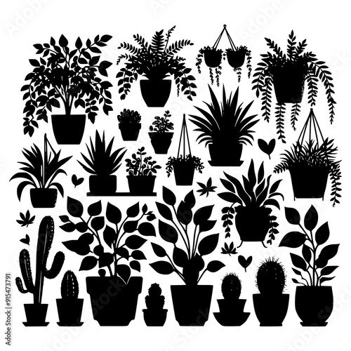 A black and white vector illustration featuring an assortment of potted houseplants and cacti in silhouette form. Perfect for botanical themes, indoor garden designs, and minimalist decor projects.