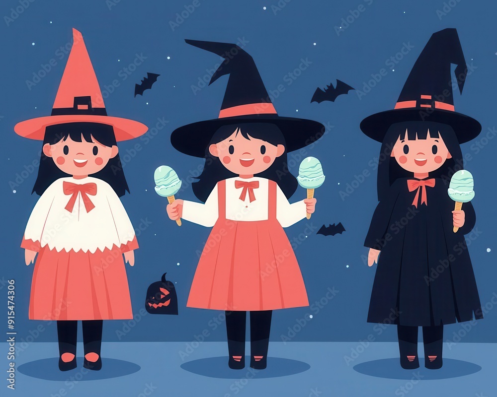 Halloween parade, kids with ice cream, flat design illustration Halloween parade, kids with ice cream, flat design illustration
