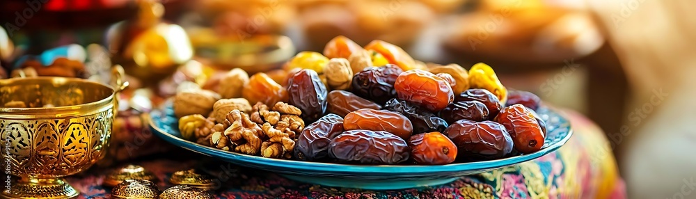 Dates and Walnuts on a Blue Plate - Photo Dates and Walnuts on a Blue Plate - Photo