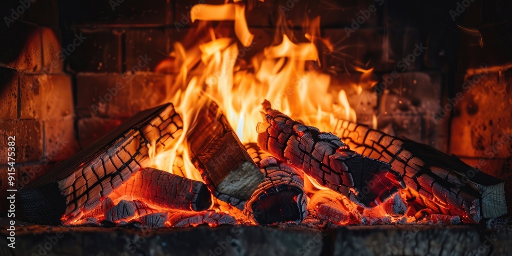 Close up of burning firewood with flames and glowing embers in a fireplace