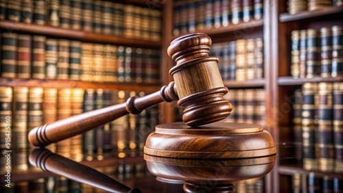 An ornate wooden gavel rests on a desk amidst files, evidence, and law books, symbolizing fairness, justice, and the rule of law in a formal courtroom setting. photo