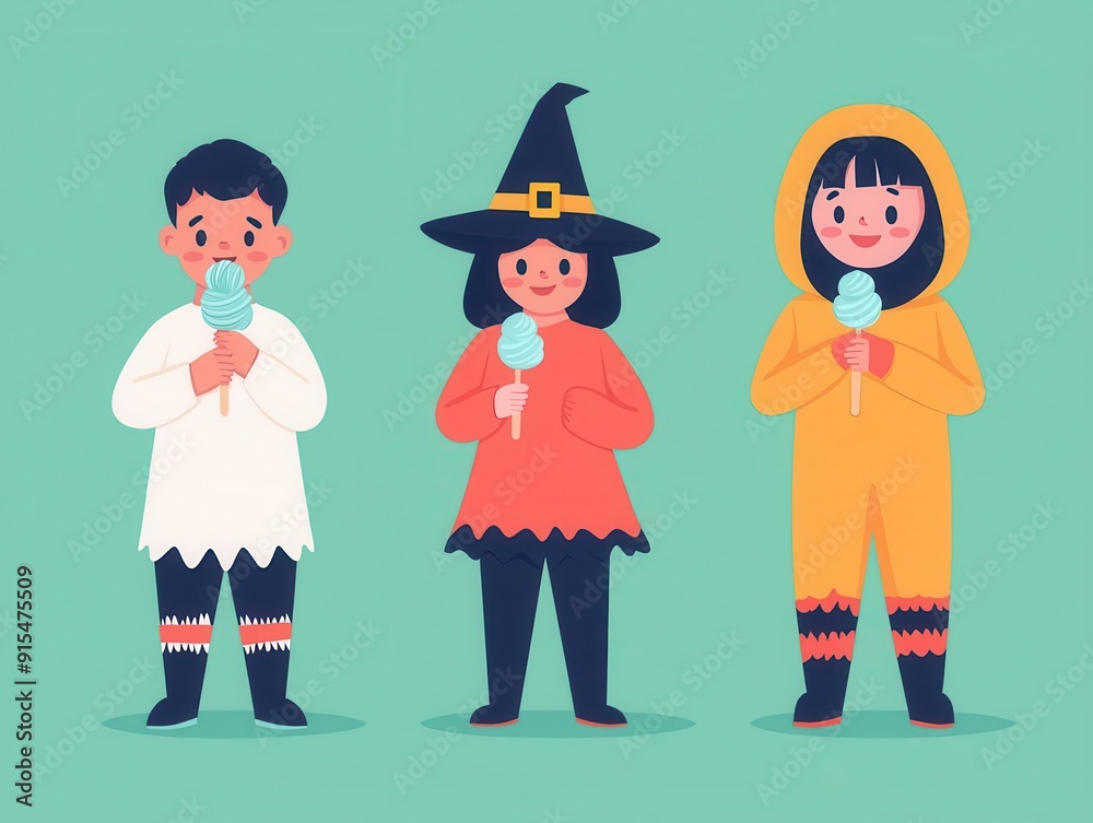 Kids eating ice cream, Halloween costumes, flat design illustration Kids eating ice cream, Halloween costumes, flat design illustration