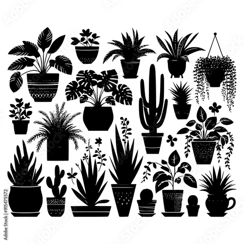 A black and white vector illustration featuring an assortment of potted houseplants and cacti in silhouette form. Perfect for botanical themes, indoor garden designs, and minimalist decor projects.