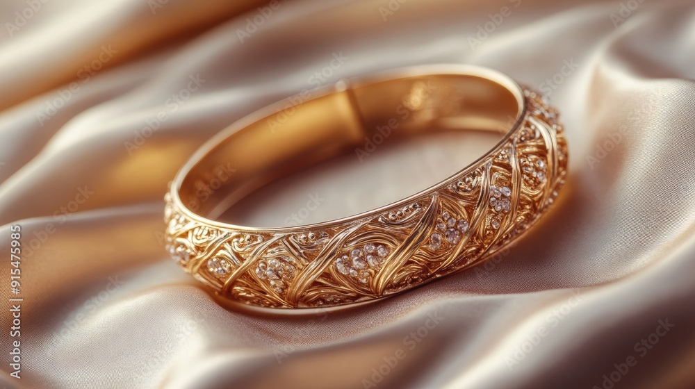 A gold bracelet with intricate designs, resting on a silk fabric, highlighting its elegance and craftsmanship. Ideal for jewelry promotions. A gold bracelet with intricate designs, resting on a silk fabric, highlighting its elegance and craftsmanship. Ideal for jewelry promotions.