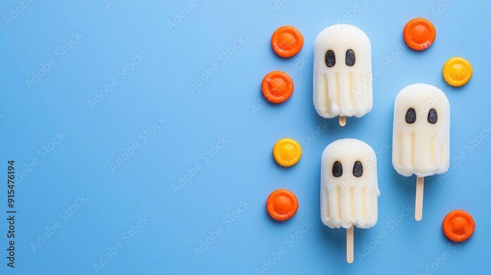Ghost-shaped ice cream, trick-or-treat candy, flat design illustration Ghost-shaped ice cream, trick-or-treat candy, flat design illustration