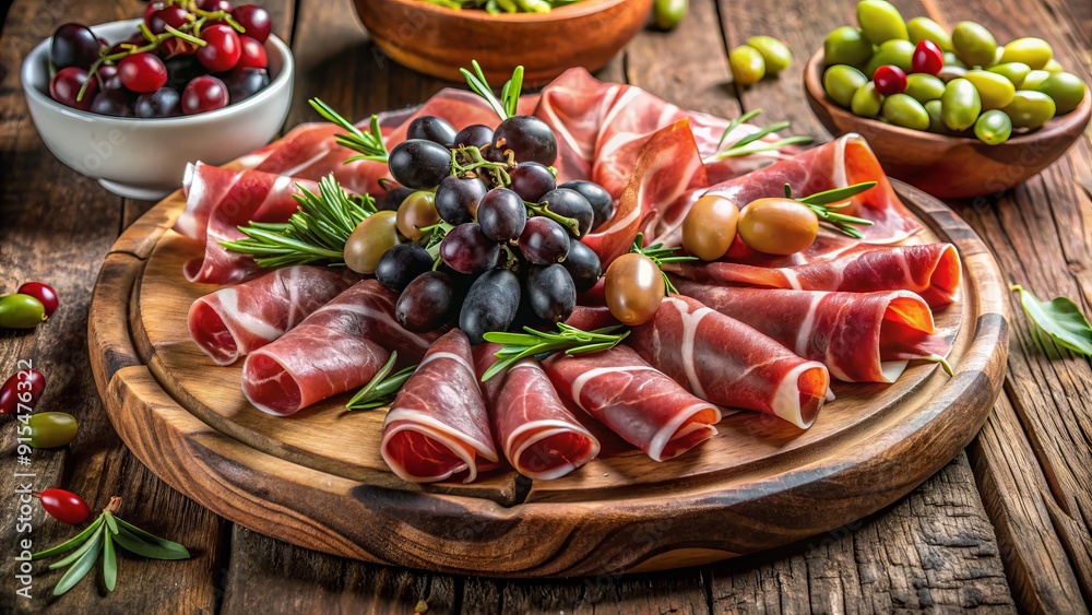 Arrangement of cured meats, prosciutto and jamon, sliced on a rustic wooden board, surrounded by fresh grapes and olives, perfect for a gourmet meal. Arrangement of cured meats, prosciutto and jamon, sliced on a rustic wooden board, surrounded by fresh grapes and olives, perfect for a gourmet meal.