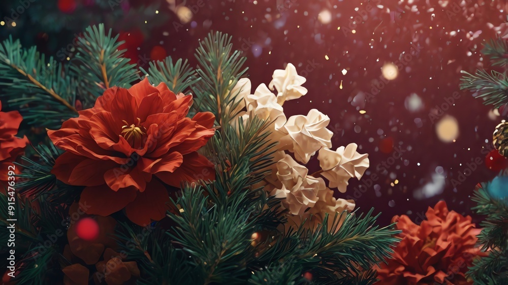 A large, gold, paper flower with a textured surface sits among green pine branches and red leaves A large, gold, paper flower with a textured surface sits among green pine branches and red leaves