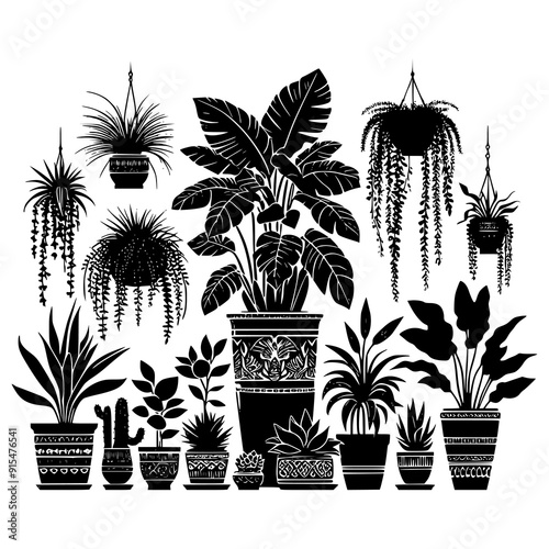 A black and white vector illustration featuring an assortment of potted houseplants and cacti in silhouette form. Perfect for botanical themes, indoor garden designs, and minimalist decor projects.