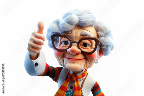 Happy smiling cartoon character old senior mature woman grandmother person showing thumb up gesture in 3d style design on light background. Successful human people with ok like cool finger concept