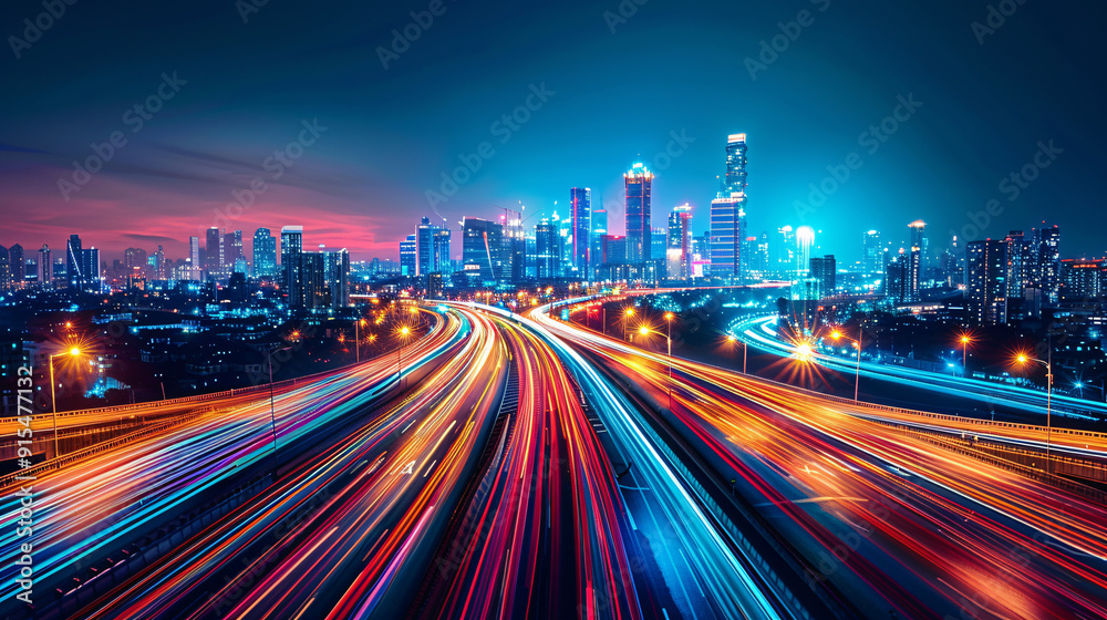 Dynamic Urban Skyline with Vibrant Light Trails and Space for Text | Colorful Cityscape Light Trails Background for Design Dynamic Urban Skyline with Vibrant Light Trails and Space for Text | Colorful Cityscape Light Trails Background for Design