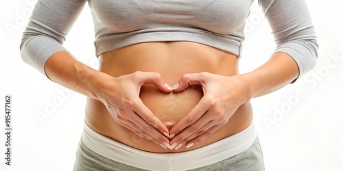 A serene woman's hands cradle her stomach and heart, conveying hope and self-care for wellness, diet, detox, nutrition, and fertility on a clean white background.