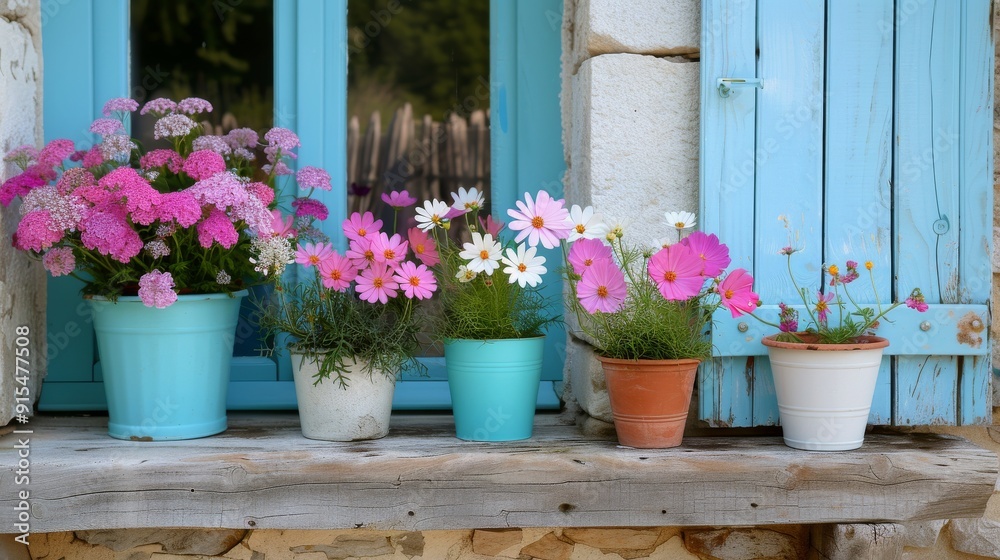 Brightly Colored Flowers in White Wall Planter Beneath Blue Shutters in Daylight Brightly Colored Flowers in White Wall Planter Beneath Blue Shutters in Daylight