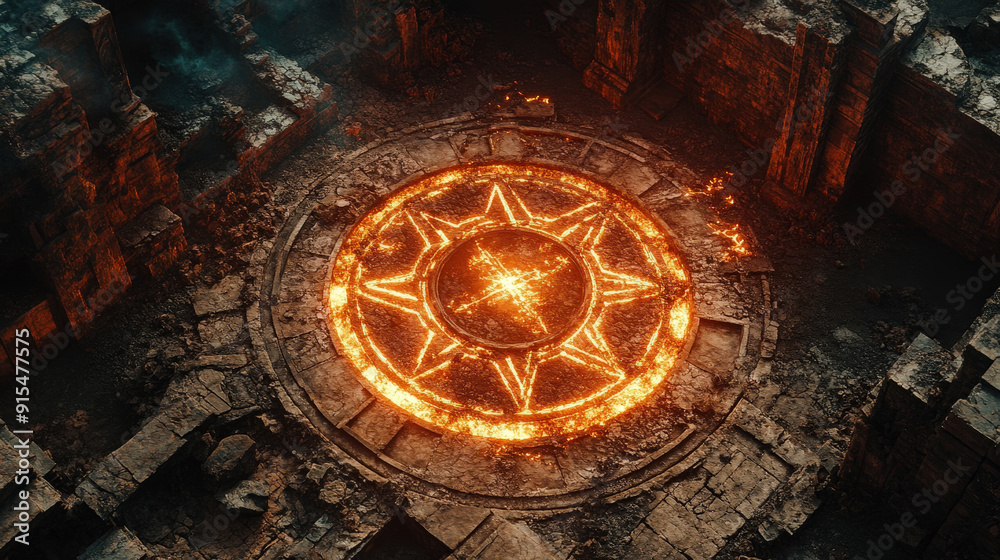 Obraz premium Glowing magical icon in the center of a desolate ruin, [arcane isolation] 