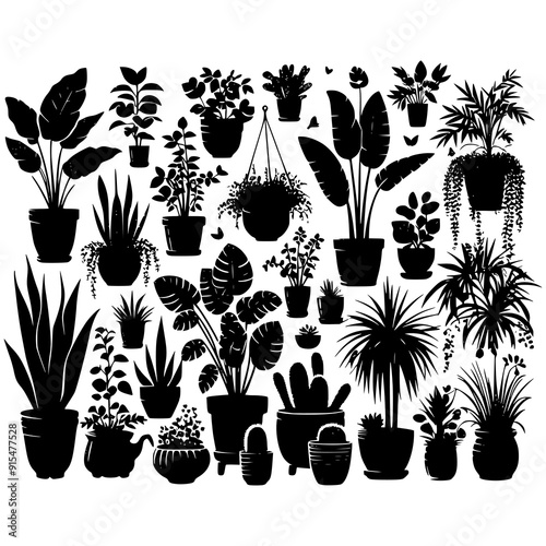 A black and white vector illustration featuring an assortment of potted houseplants and cacti in silhouette form. Perfect for botanical themes, indoor garden designs, and minimalist decor projects.