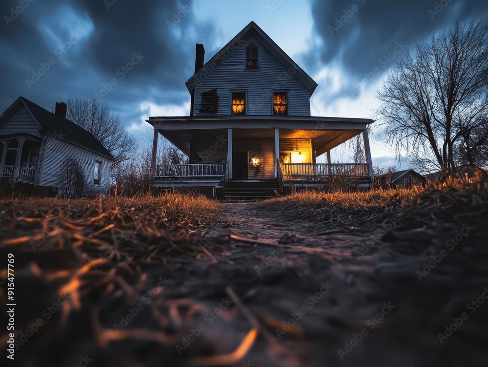 Obraz premium Haunted house, spooky and eerie, night setting, inviting