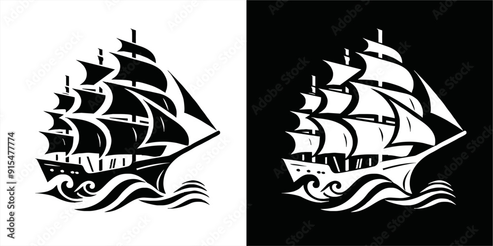 Obraz premium Simple Logo Sailing Ship and Sea Wave vector.silhoutte