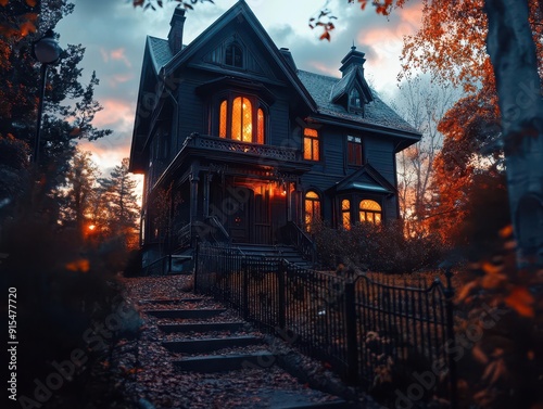 Haunted house, spooky and eerie, night setting, inviting