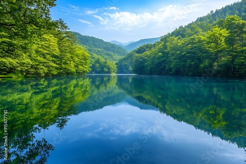 Serene Lake Reflections in a Lush Forest Landscape - Photo