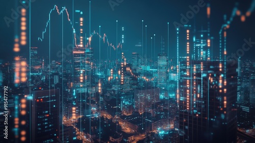 Wallpaper Mural Digital financial charts overlaying a bustling urban skyline, symbolizing the relationship between stock market and city life. Torontodigital.ca