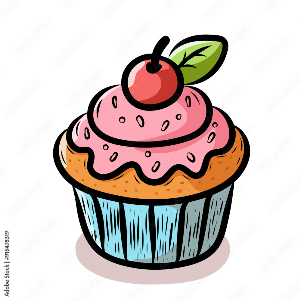 Cupcake with cream and cherry, in line art style in color, repeating pattern. Design for packaging food, sweets, coffee, vector Cupcake with cream and cherry, in line art style in color, repeating pattern. Design for packaging food, sweets, coffee, vector