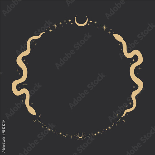 Celestial gold serpent snake circle frame, esoteric tarot or tattoo mystery sacred symbol border on dark background. Linocut style boho. Occultism and religion, sacred rites and sacrifice. Reptile